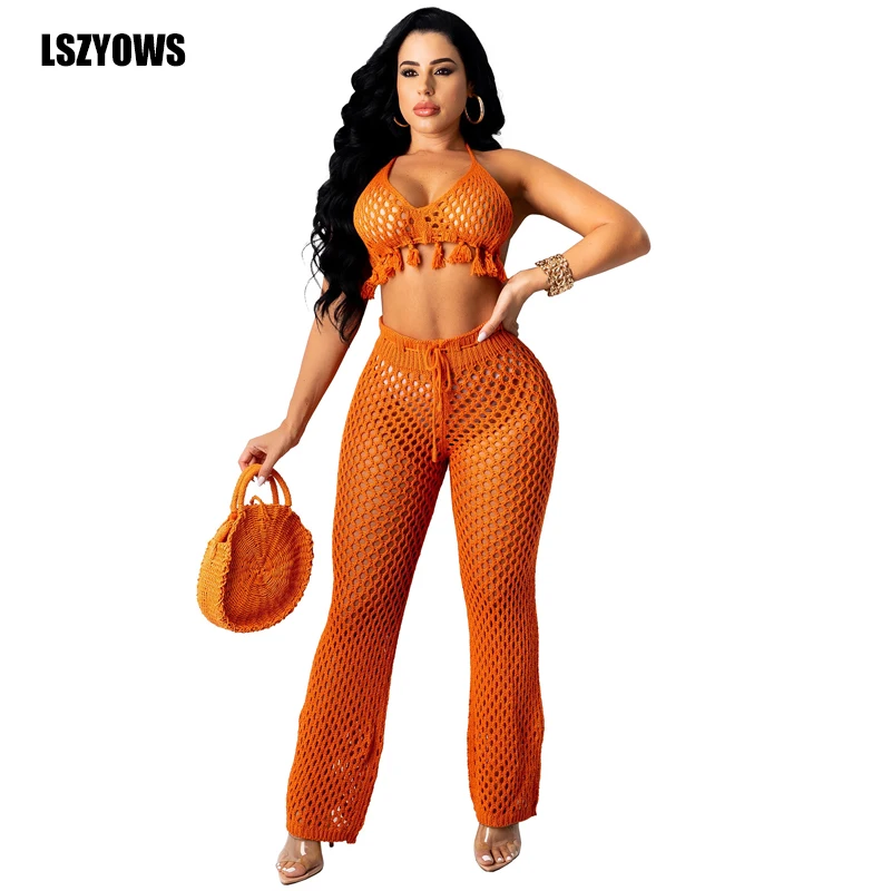

Sexy Hollow Out Knitted Two Piece Set Women Tassels Halter Backless Crop Tops Long Pants Crochet Set Summer Holiday Beach Outfit