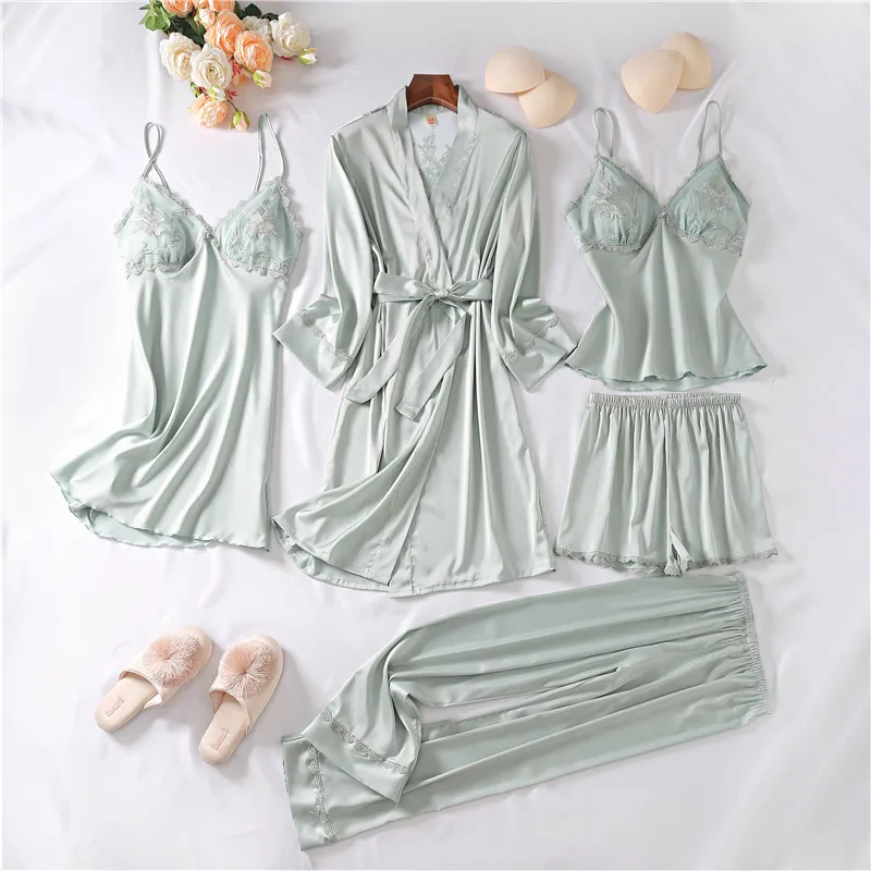 5PCS Faux Silk Women Pajamas Set Solid Sleepwear Shorts Spring Summer Homewear Robe Set Lace Nightdress Sleep Dress Pajama