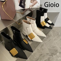 2021 autumn pointed short boots black and white color matching metal buckle low heel martin boots womens single boots