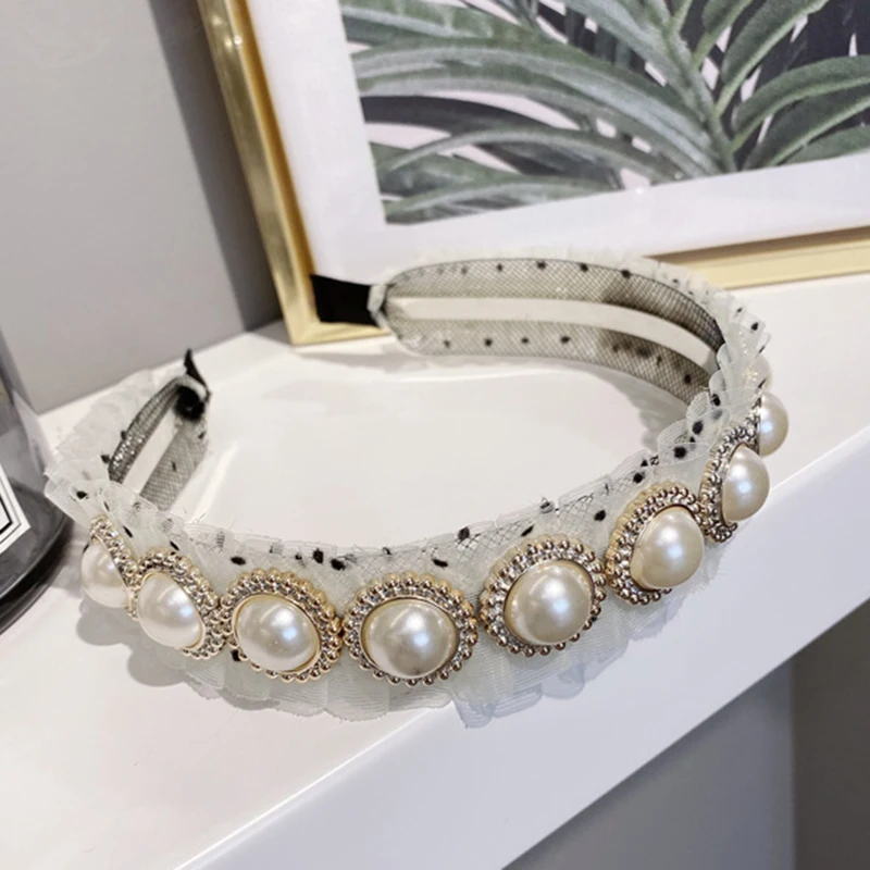 

Fashion 2020 Pearls Hairband Headband for Women Elegant Mesh Yarn Pleated Hair Band Black Hair Winter princess Accessories