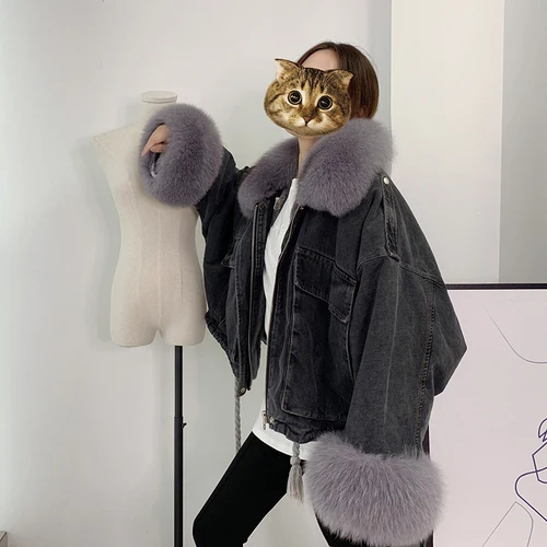 black coat gray fur Зимняя женская парка с воротником из натурального Лисьего меха, джинсовая куртка с подкладкой из кроличьего меха, большие размеры, короткое пальто, винтажная корейская мода - Цвет: black coat gray fur