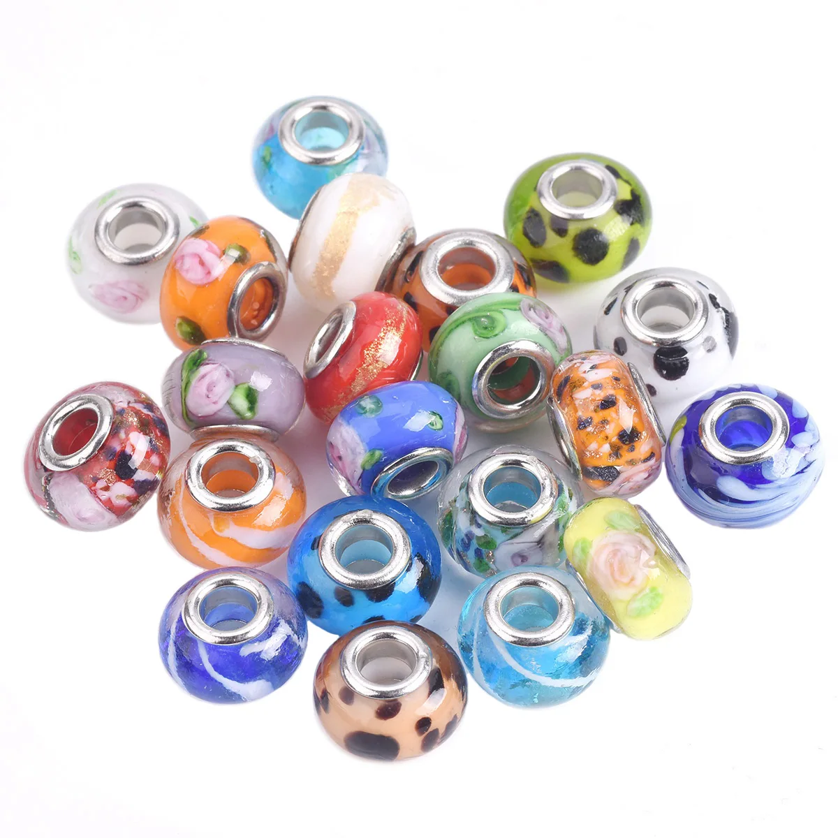 Cuentas redondas de cristal de Murano hechas a mano para fabricación de joyas, abalorios europeos de 14x9mm, 5 piezas, cuentas de agujero grande para pulsera DIY 2 # ~ 86 #