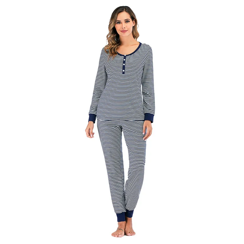 2021 Autumn and Winter New Women's Pajamas Long Sleeve Striped Home Wear Sleep Tops Sleepwear Pijamas Women  Pajamas for Women
