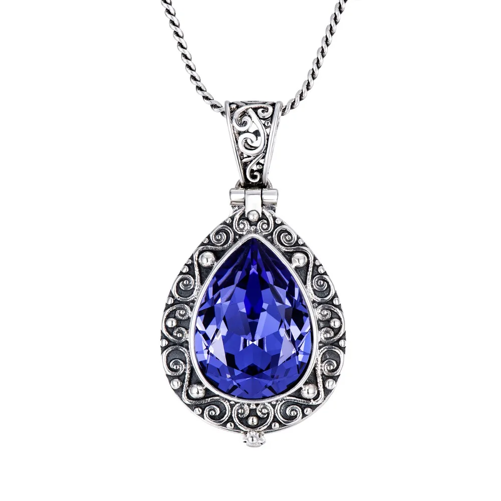 

925 Sterling Silver Natural Amethyst Crystal Pendant Openable Kwu Box Drop Shape Vintage Flower Engraved Pendant Girlfriend Gift