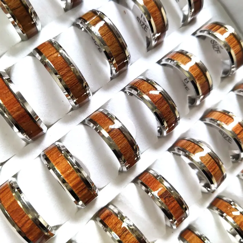 Кольцо мужское из нержавеющей стали 20 шт./лот с отделкой под древесину 8 мм