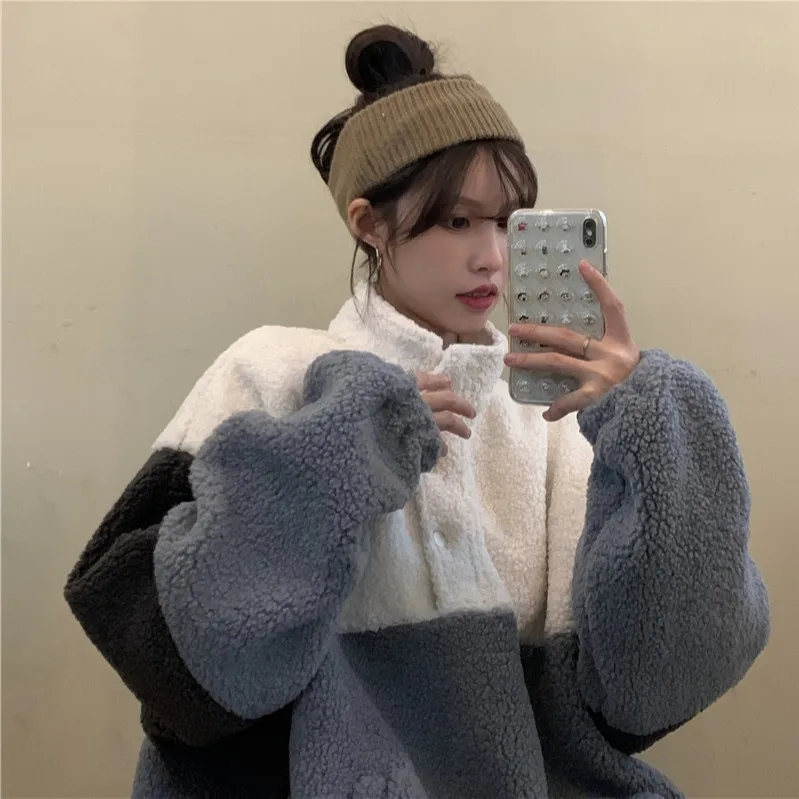 2021 Lamb Sweater Hoodie Teddy Wool Jacket Patchwork Casual Loose Pocket Korean Version Boyfriend Wind Street Warm Winter Tops | Женская