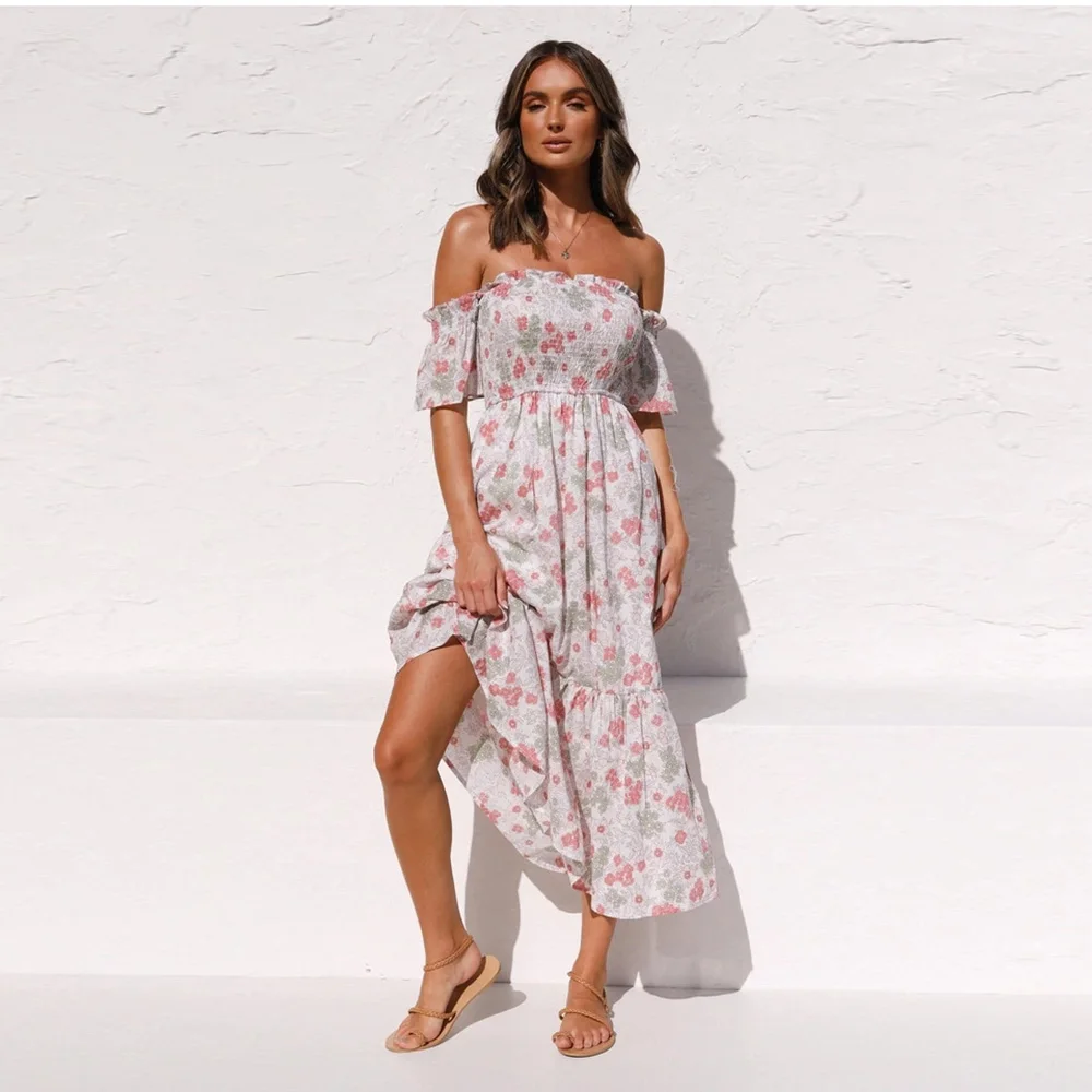 Women Sexy Backless Off Shoulder Chest wrapping Long Dress Summer Elegant Floral Print Ruffled Holiday Robe Maxi Vestidos Mujer