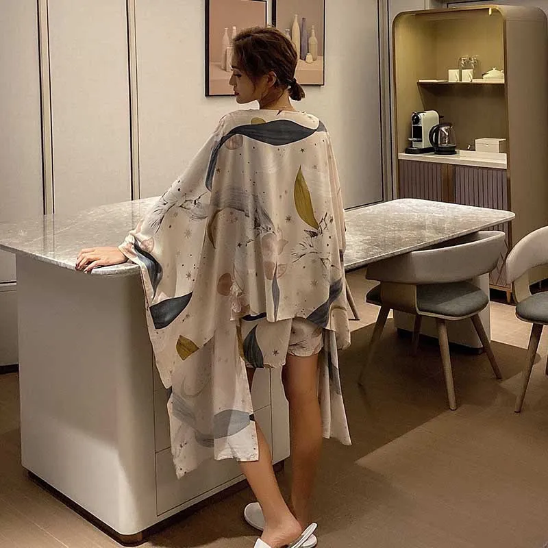 

Пижама женская с принтом, комплект из 4 предметов, вискоза, розовая ночная сорочка, осенний пижамный комплект