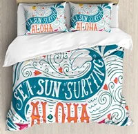 hawaiian duvet cover set sea sun surfing typography with ocean waves aloha tropical print decorative 3 piece bedding set with