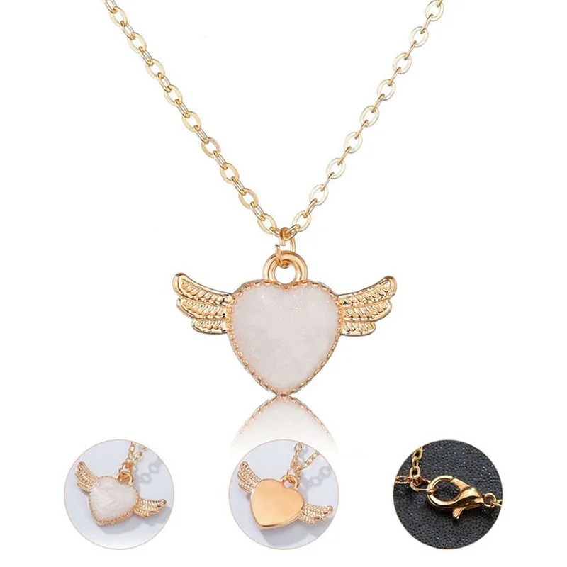 Новый милый стиль ожерелье Модные крылья сердце кулон Золотая короткая цепочка
