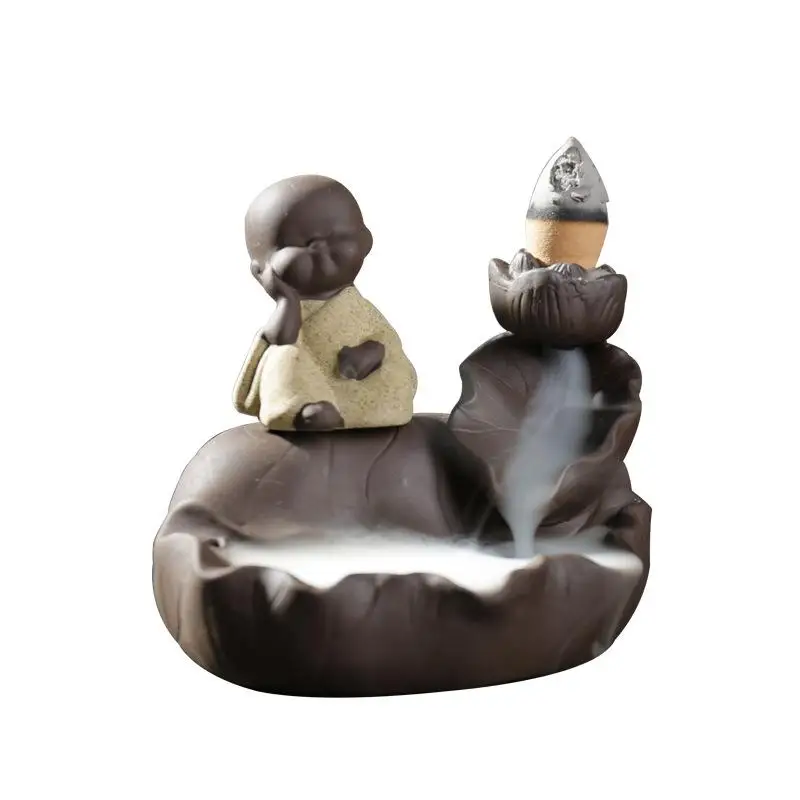 

Small Buddha Ceramics Backflow Incense Burner Little Monk Creative Home Decoration Smoke Waterfall Incense Holder Ceramic Censer