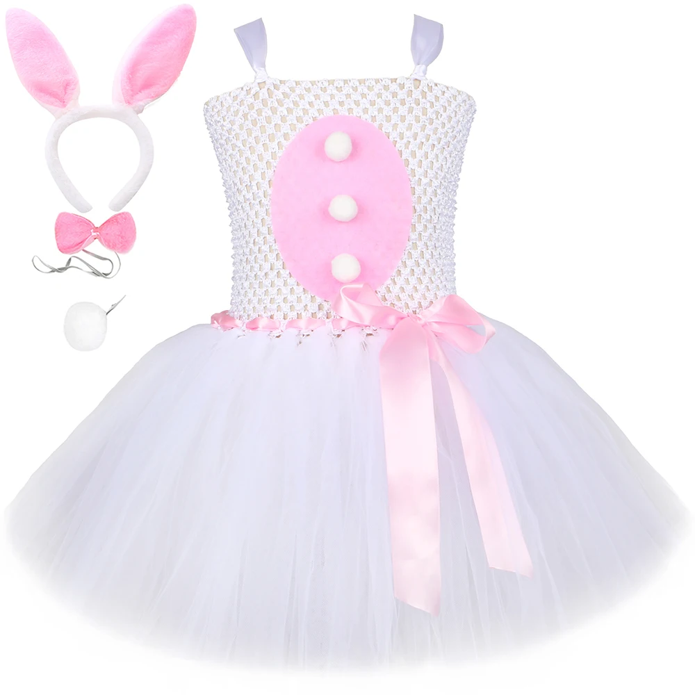 Girls White Rabbit Tutu Dress Kids Halloween Easter Bunny Costume with Pink Ear Tie &amp; Tail Tulle Baby Girl Birthday Party Dress