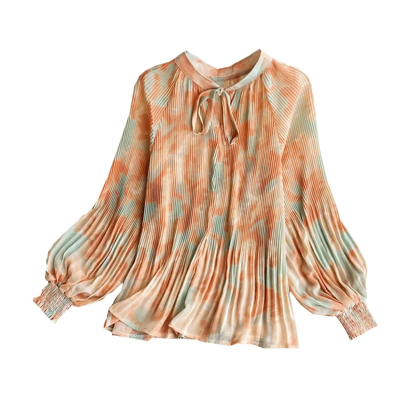 

Spring and Autumn Sweet Little Fresh Stand-up Neck Tie Bowknot Chiffon Shirt Fashion Loose Lantern Sleeve Temperament Top UK082