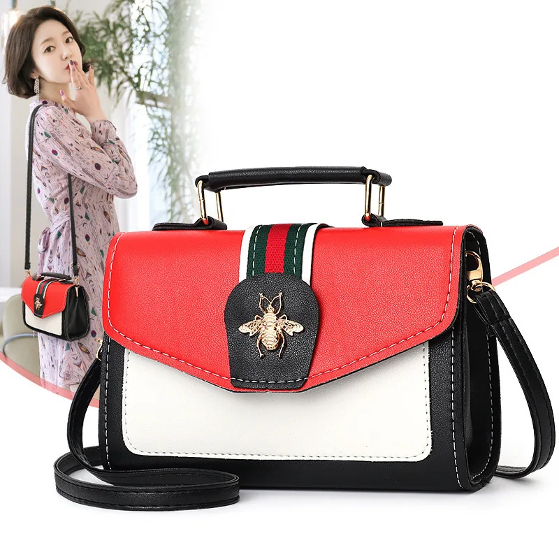 

Luxuy Brand PU Leather Shoulder Bag Patchwork Handbag for Women Metal bee decoration Crossbody Bag Office Lady panelled Tote