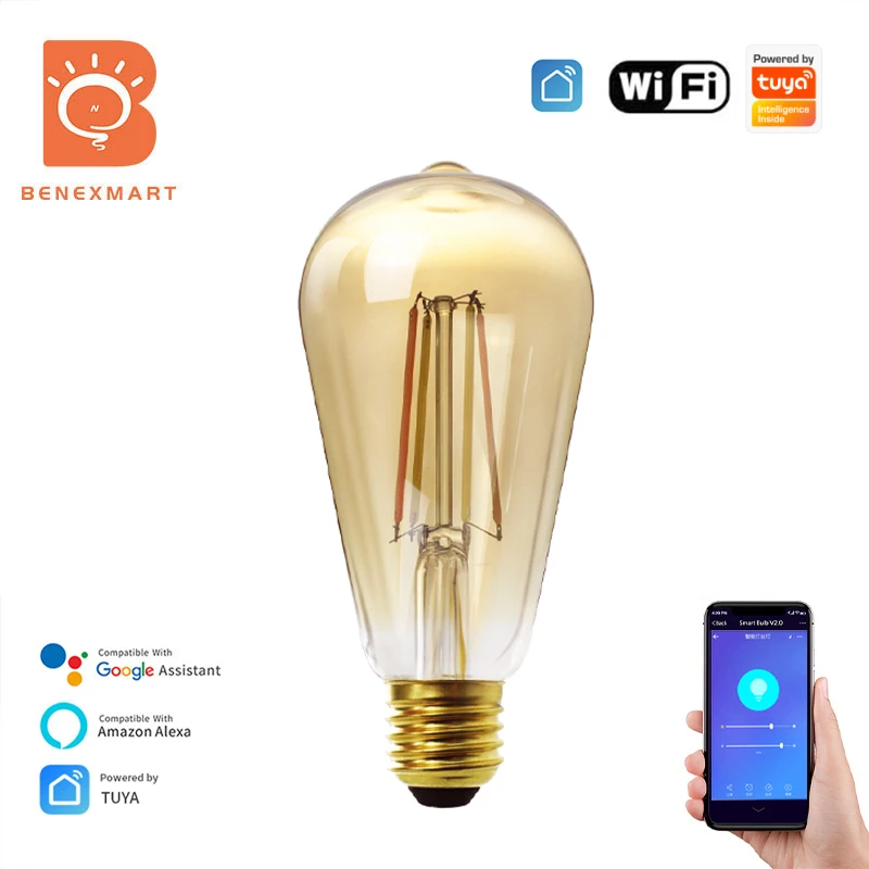 

Benexmart ST64 Tuya WiFi LED Filament Bulb E27 Smart Tungsten Lamp Dual Color Dimmable Light Bulb Alexa Google Home Timer 220V