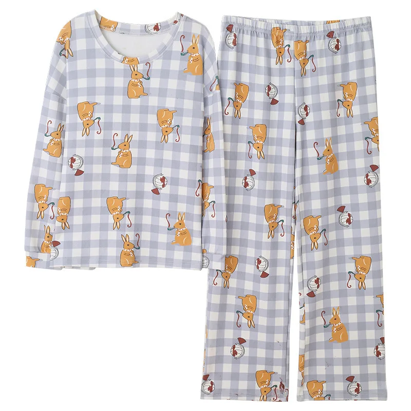 

Autumn New Cotton Top + Long Pant 2 Piece Sets Pajamas Set For Women Cute Sleepwear Leisure Pyjama Home service plus size M-XXL