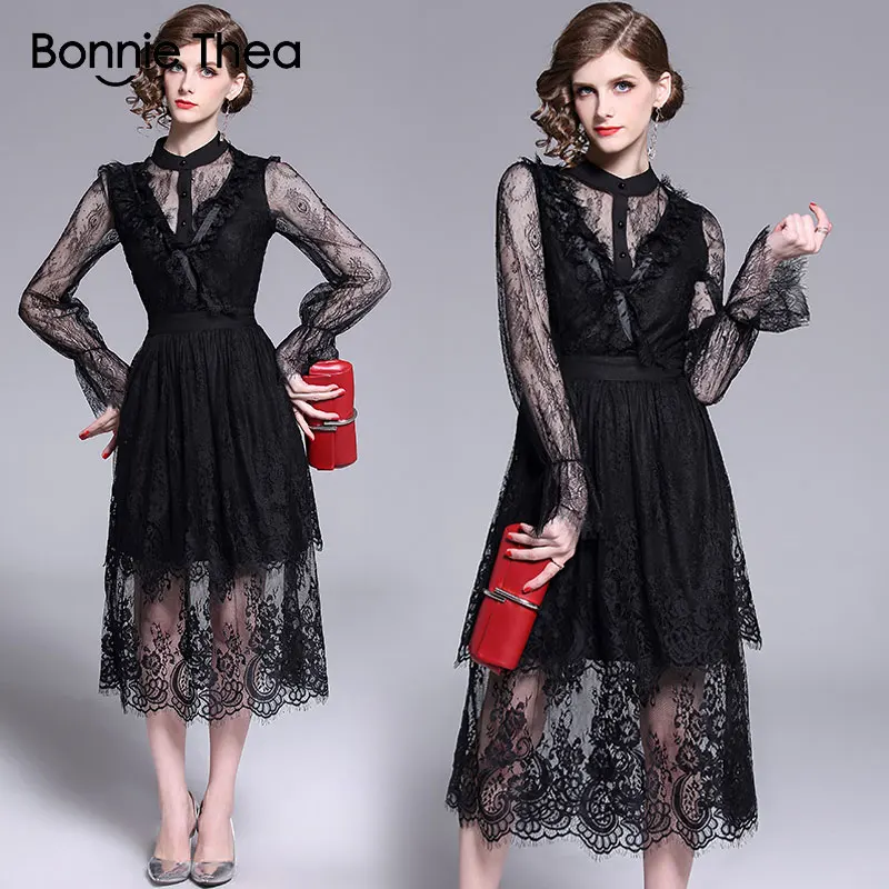 

Bonnie Thea women 2020 spring style celebrity Lace Mesh long sleeve fairy skirt long dress