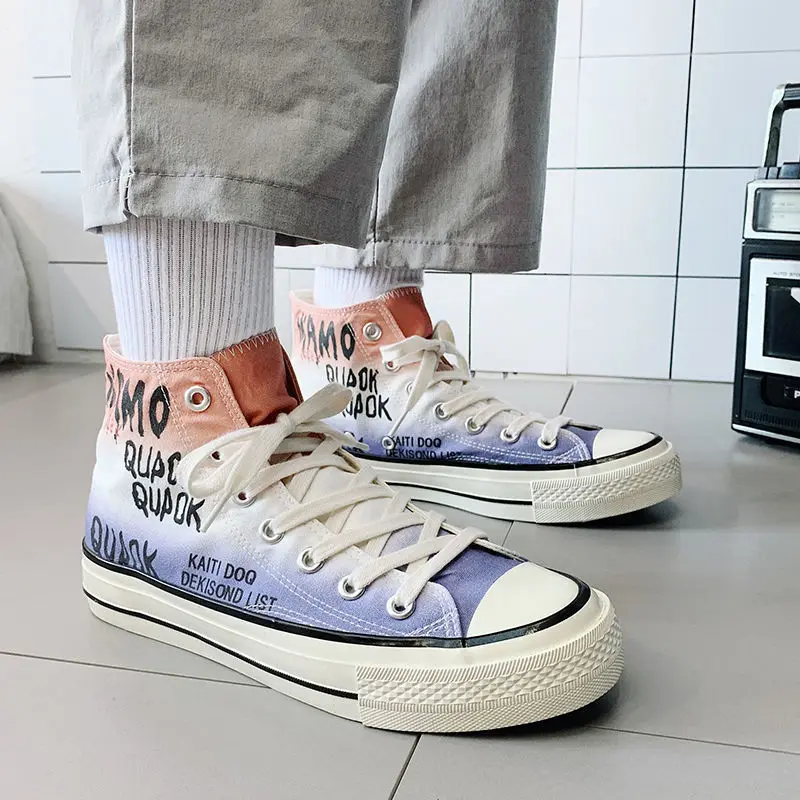 

mens Fashion youth High top canvas shoes trendy cloth shoes versatile gradient trendy shoes student casual board shoes
