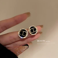 real gold plating 925 silver needle korean minority simple design personalized temperament diamond inlaid letter earrings