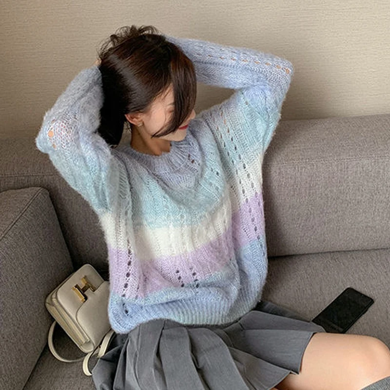 Свитер женский вязаный с длинными рукавами свободный оверсайз весна градиент
