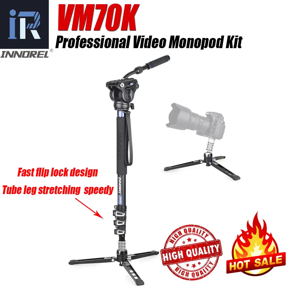 INNOREL-Kit de monopié de vídeo profesional VM70K, con cabezal fluido y Base de trípode extraíble para videocámaras telescópicas DSLR
