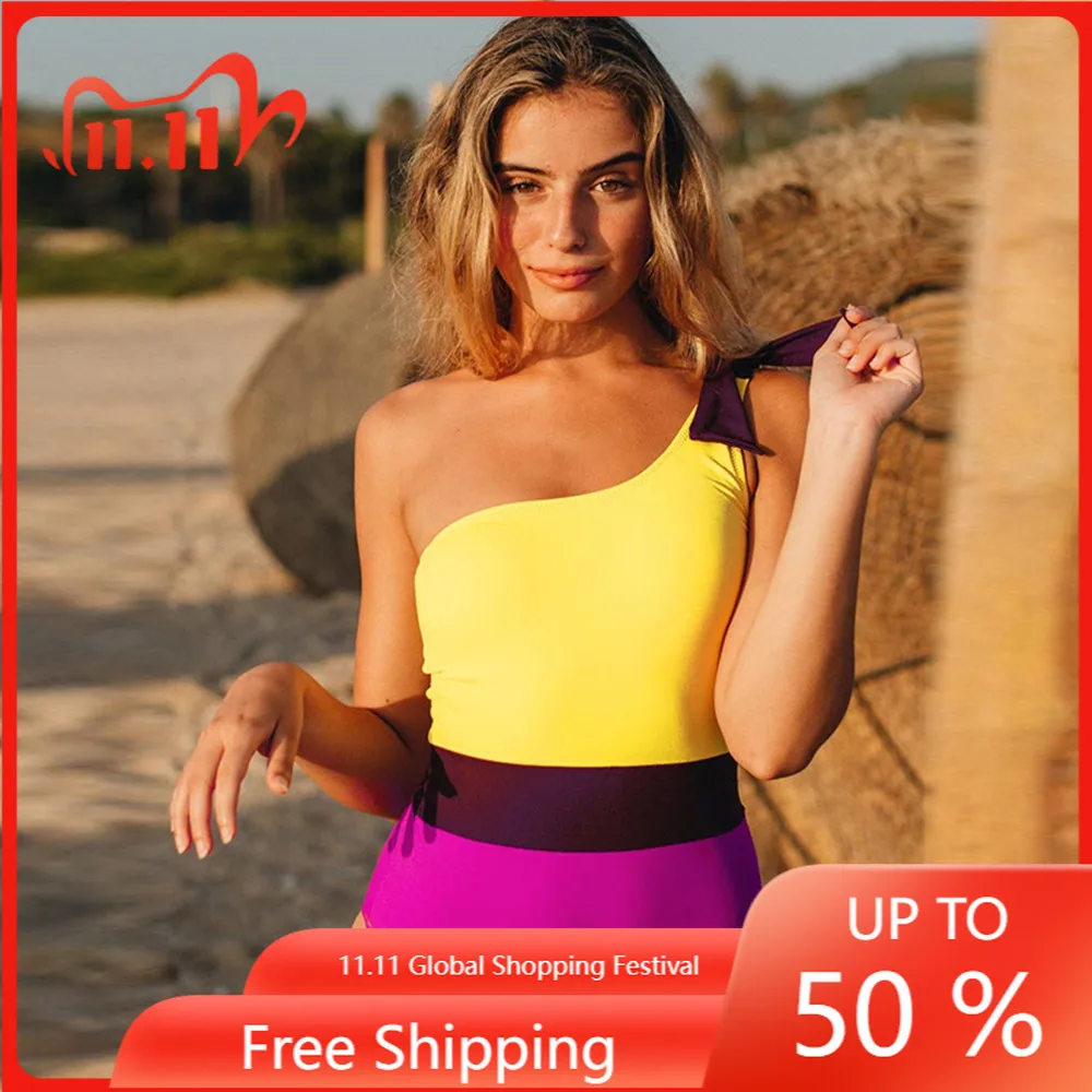 

One Piece Swimsuit 2021 Sexy One Shoulder Bandage Swimsuit Women Solid Swimwear Backless Bathing Suit Beachwear Monokini Swim