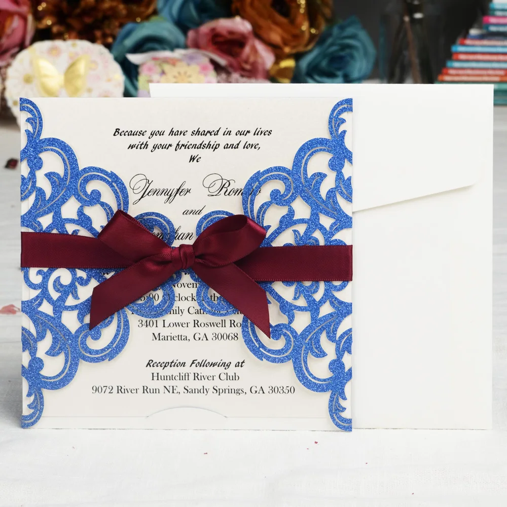 1 шт. блестящие свадебные пригласительные открытки с блестками и кружевными