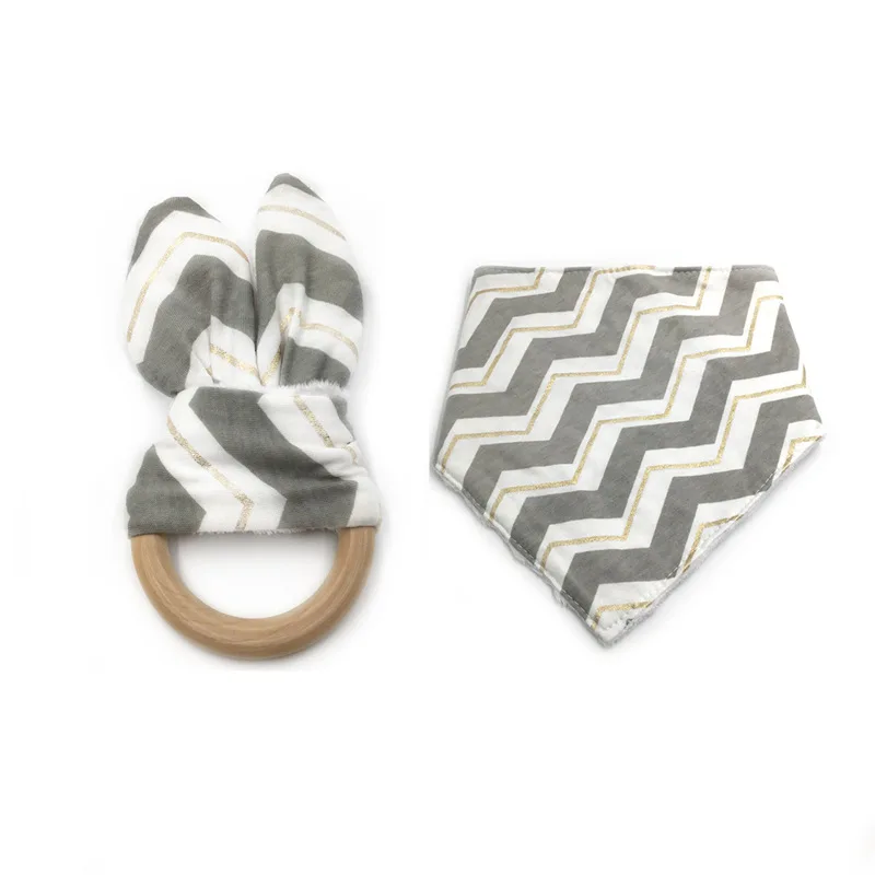 2Pcs/Set Baby Scarf Bibs with Bunny Ears Teethers Toy Toddler Infant Teething Gift Organic Natural Wooden Ring Teether |