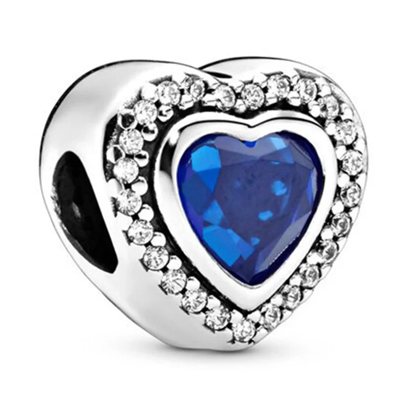 

925 Sterling Silver Bead New Sparkling Blue Crystal Heart Beads Fit Pandor Women Bracelet & Necklace Diy Jewelry
