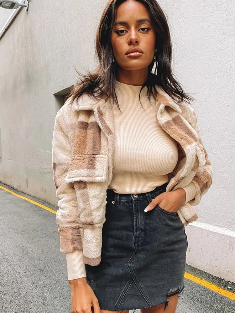 

Women Fleece Cropped Jacket Coat Fashion Autumn Winter Warm Pockets Stand-up collar plaid Female Velvet Outwear Femme