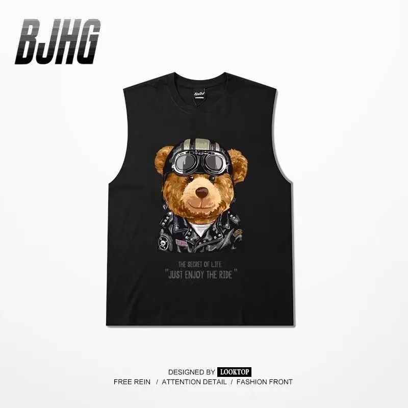 

100% Cotton Bear Print T-shirt Fitness Vest Men's And Women's Short-sleeved Plus Size T-shirt Men's Top Bottoming Shirt M-4XL