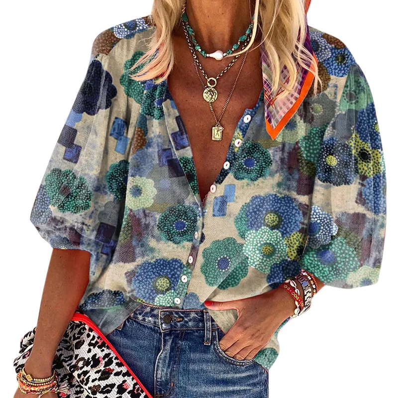 

2020 amazon wish to Europe and the United States cross-border hot style women's clothing collar printed shirt female