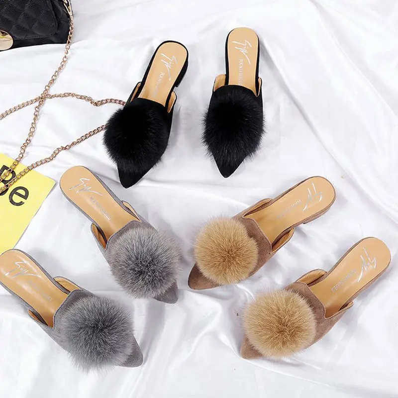 

Pom Pom Slippers Woman Mules Shoes Flock Flat Slippers Pointed Toe Slides Female Fashion Outdoor Sandals Ladies Loafer Shoes
