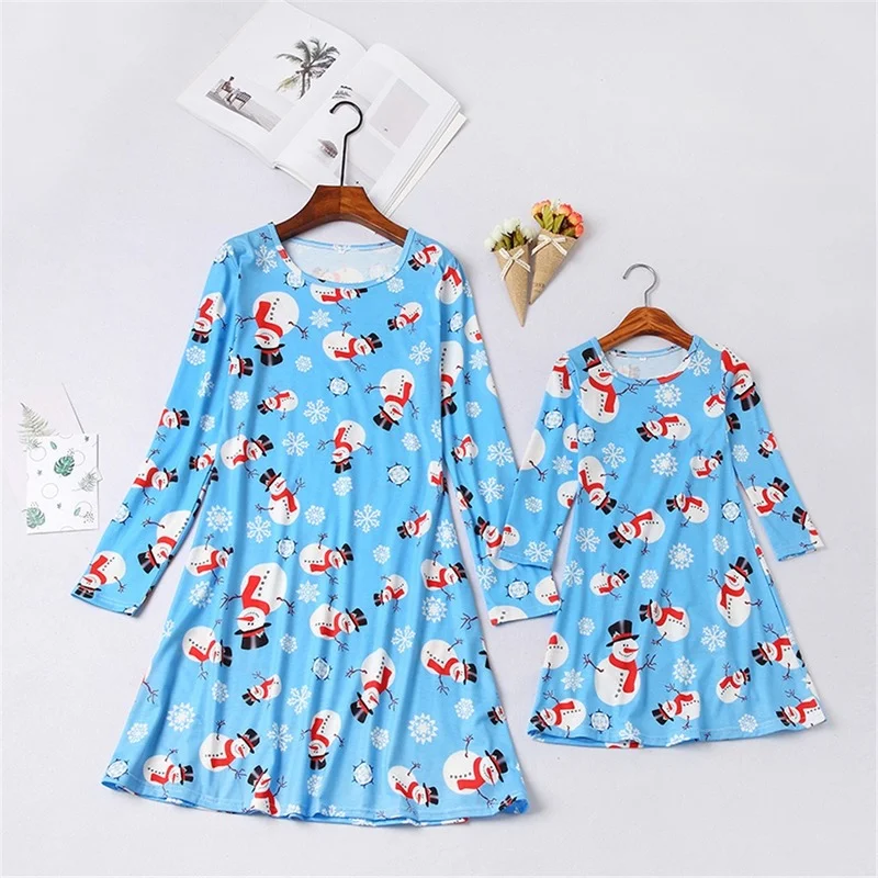 

Spring Autumn New Christmas Snowman Print Family Matching Outfits Mother and Daughter Long Sleeve Dress Dropshipping
