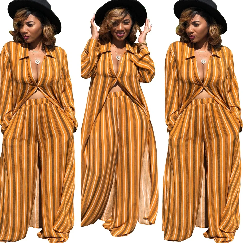 

new Ls6154 women's striped print loose top and wide leg pants two piece set