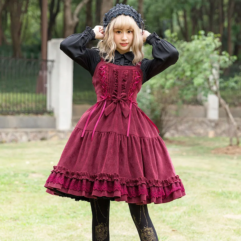 Vintage Corduroy Strap Knee Length Jumper Dress Women Sweet Lolita Warm Ruffle Bow Corset Flower Embroidery For Lady Girls | Женская