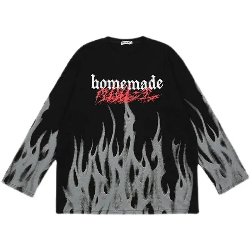 

Tie-dye long-sleeved T-shirt men flame printed t-shirts 2021 autumn new fashion hip-hop high street style casual loose tops