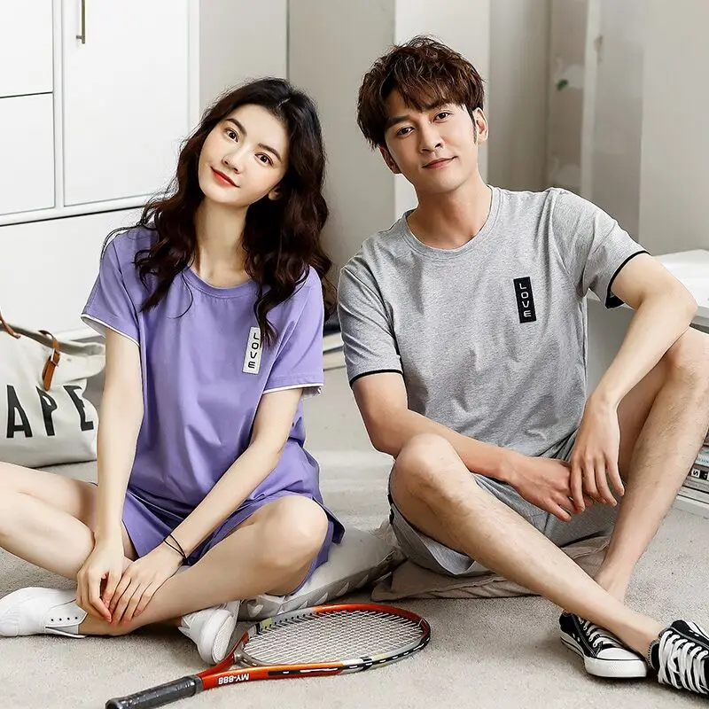 Парные пижамы хлопковые мужские летние с коротким рукавом женские тонкие парные