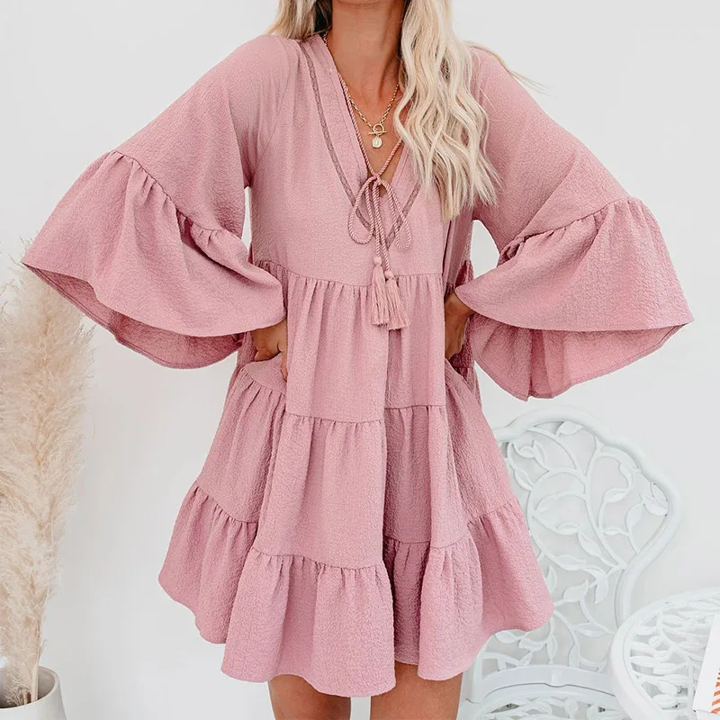 

Lace Up Tassel Female Ruffle Dress Three Quarter Flare Sleeve V-neck Solid Sweet Clothes Fashion Summer New Loose Women Dresses