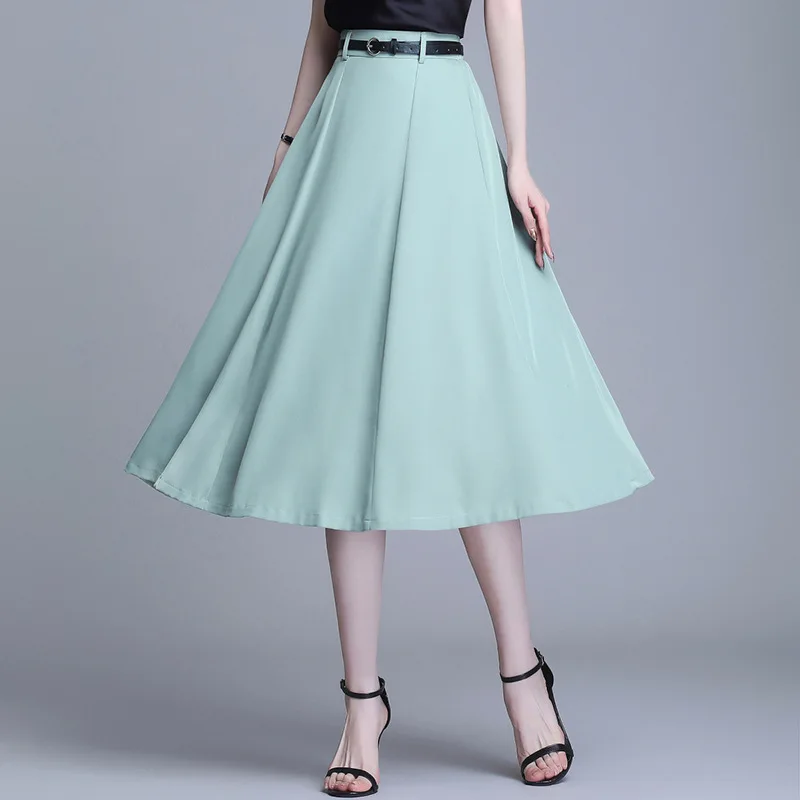 

Fashion Elegant High Waisted A-line Mid-long Skirts for Women Summer Black Green Big Swing Casual Loose Skirt 5871