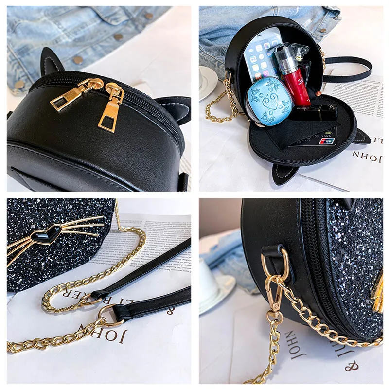 

Woman Fashion Trend Shoulder Bag Brand Design Chain Crossbody Bags Simple Cute Cartoon Cat Handbag New Texture Small Round Bags