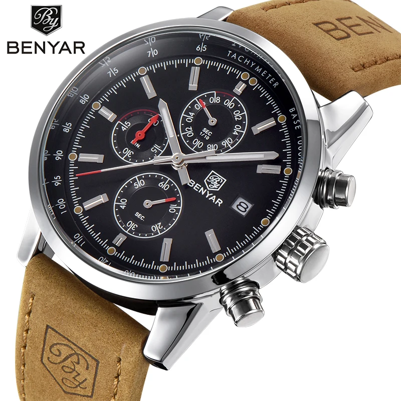 Мужские кварцевые часы BENYAR спортивные с хронографом в стиле милитари