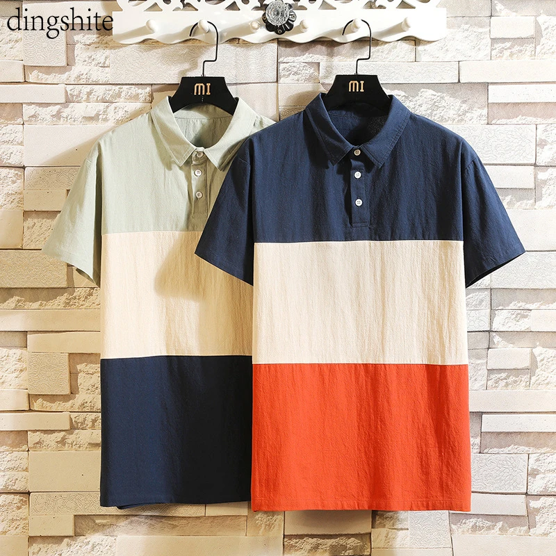 

Мужская футболка с коротким рукавом Dingshite, летняя рубашка-поло из хлопка и льна, свободная дышащая футболка с отворотами и вставками, подход...
