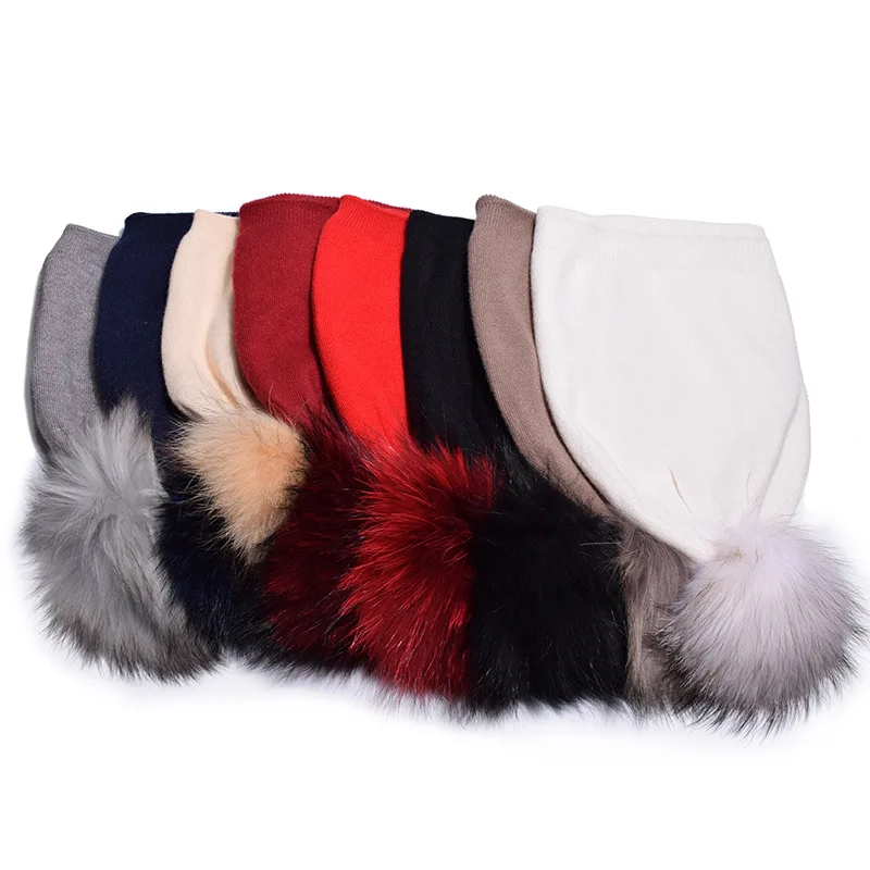 

Women's Cashmere Beanie Hat with Pompom Causal Raccoon Fur Pompom Slouchy Beanies for Ladies Solid Color Skullies&Beanies JX013