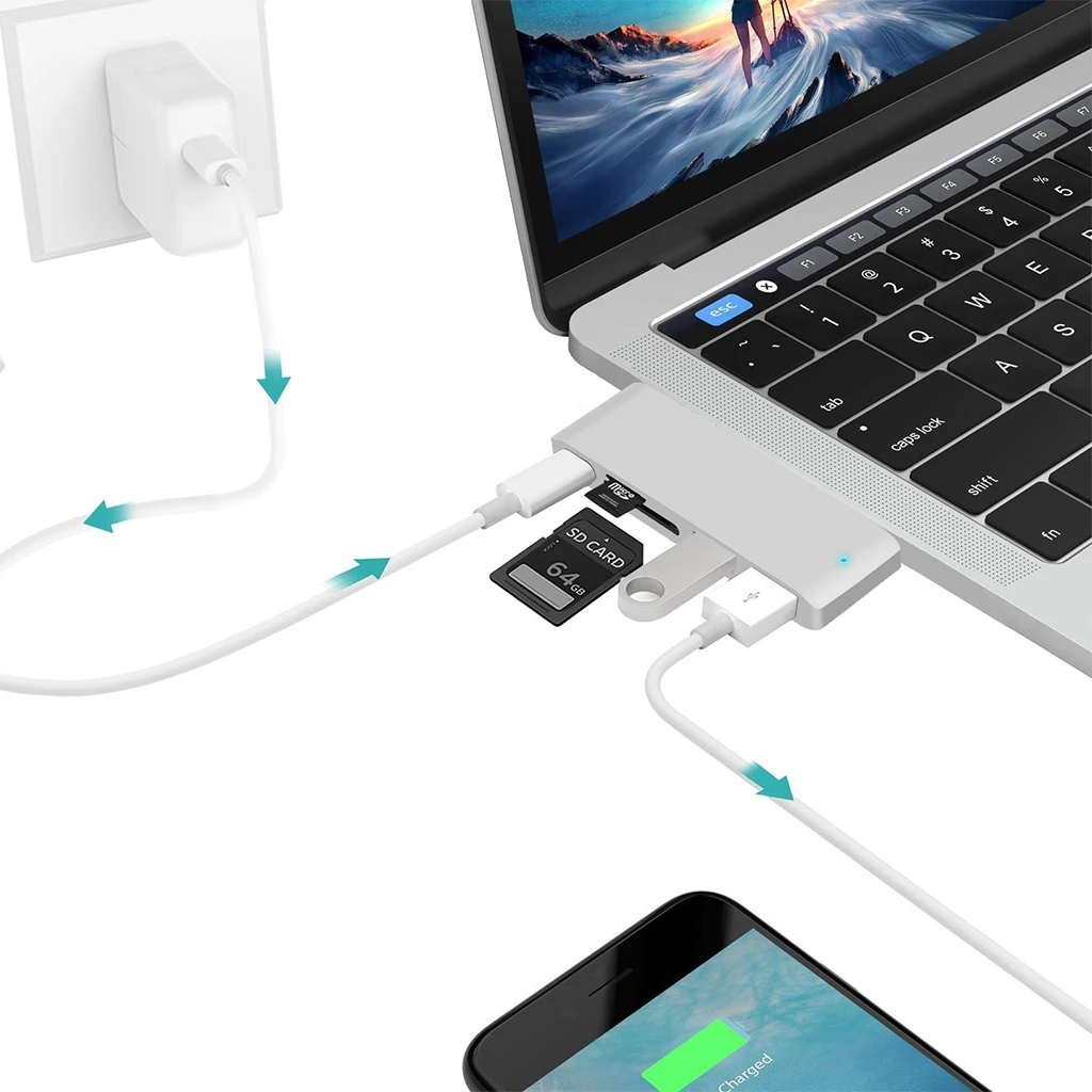 5 в 1 высокоскоростной USB C 3,1 type C концентратор питания PD-power USB 3,0 комбо-разветвитель SD/TF кардридер для MacBook 12 дюймов Dell