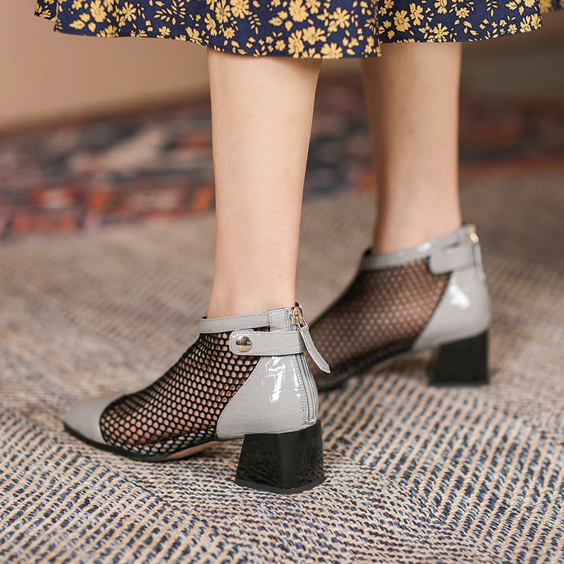 

Autuspin Zipper Women Mesh Boots 2021 Fashion Patent Leather Thick Heels for Female Office Lady Breathable Dress Party Shoes