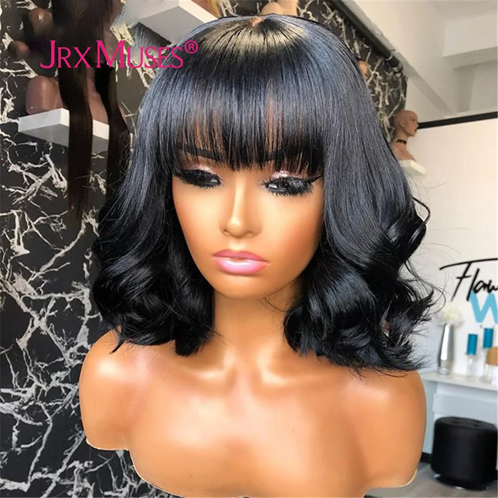 Black Fringe Loose Wave Human Hair Wigs With Bangs Full Machine Made Wigs Brazilian Remy Human Hair Short Bob Wigs For Women