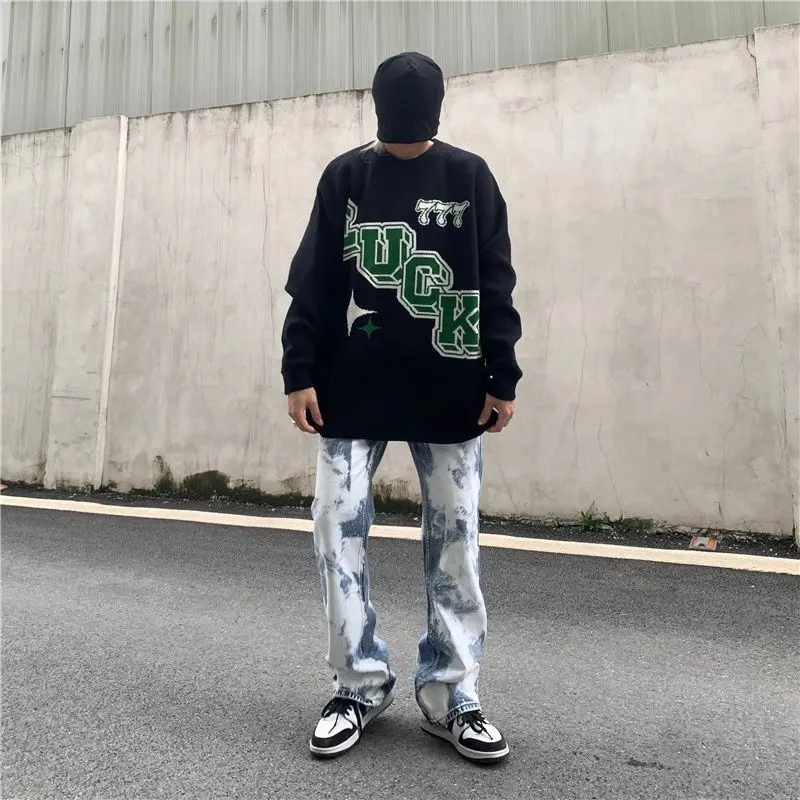 Men's and Women's Jeans Snowflake Washed Embroidered Denim Hip Hop Streetwear Loose Straight Tube Wide Leg Pants Unisex Trousers