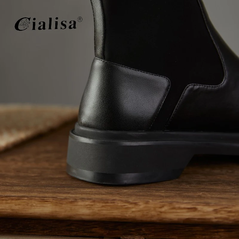 

CIALISA Women Shoes 2020 Fashion New Design Genuine Leather Elastic Mid Heel Boot Patchwork Slip On Round Toe Ankle Boots