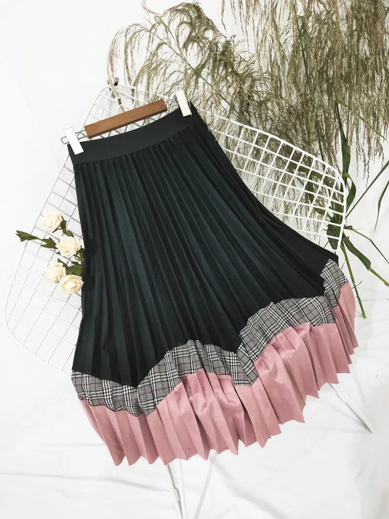 Осенняя Женская длинная Плиссированная юбка клетчатые юбки разных цветов для